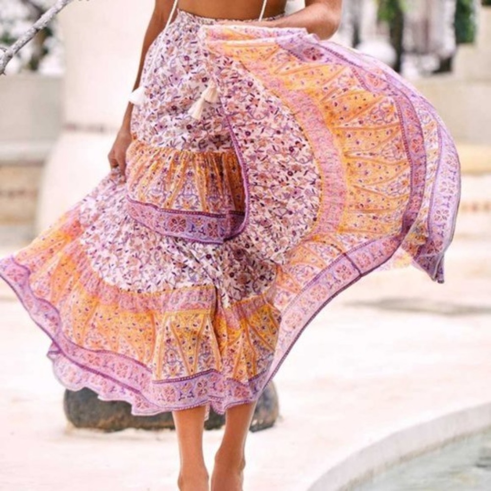 orange Pink Boho Floral Print maxi skirt tassel - Picture 2 of 7